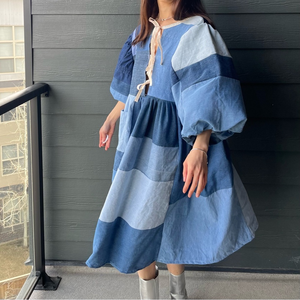 Handmade Denim Patchwork Quilted Puff Sleeves Cottage Dress SKU 04117 - Picture 14 of 16